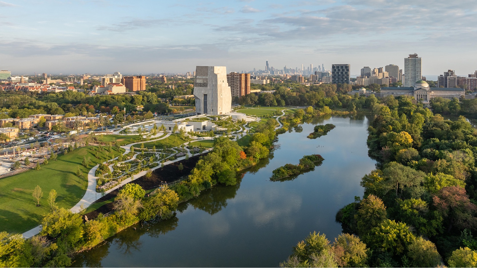 Aerial view of the Obama Presidential Center campus integrated into the South Side neighbourhood
